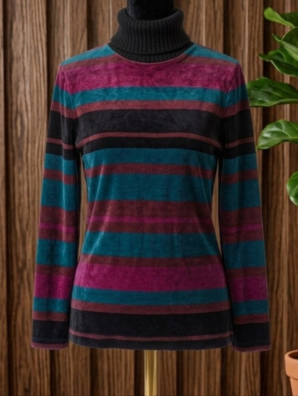 Vtg 90s Liz Claiborne Striped Velour Turtleneck Sweater in Teal, Magenta & Black